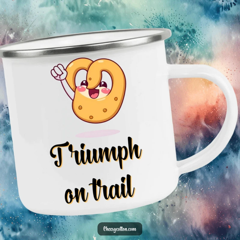 Funny camping mug showcasing a happy pretzel character performing a triumphant fist pump, ideal for outdoor wins.