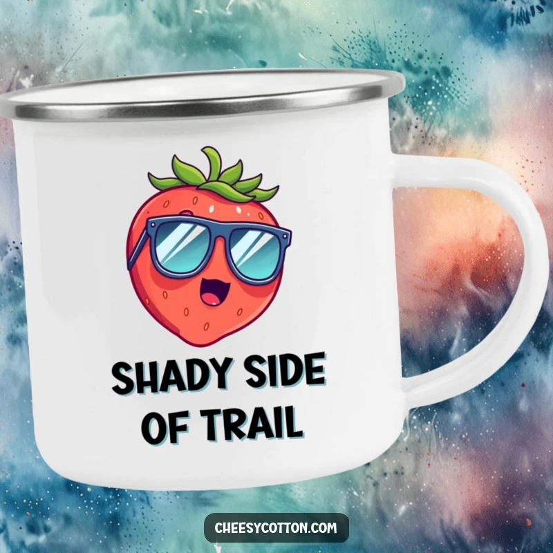 Funny camping mug with a surprised strawberry giggling merrily, wearing oversized sunglasses, ready for outdoor fun.