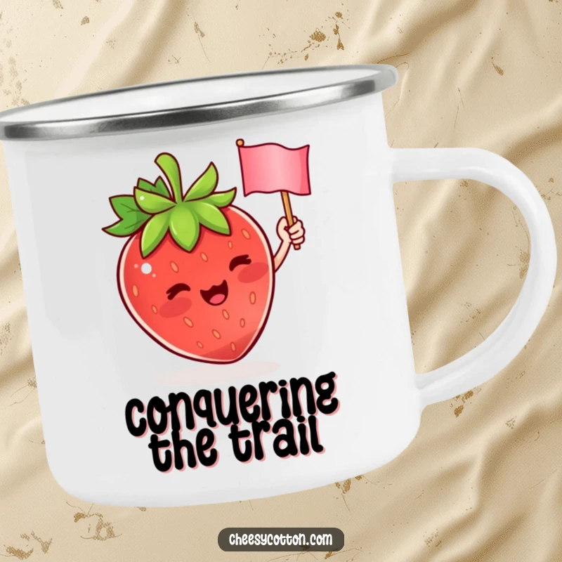 Funny camping mug featuring a cute strawberry character enthusiastically waving a small flag, adding cheer to outdoor excursions.