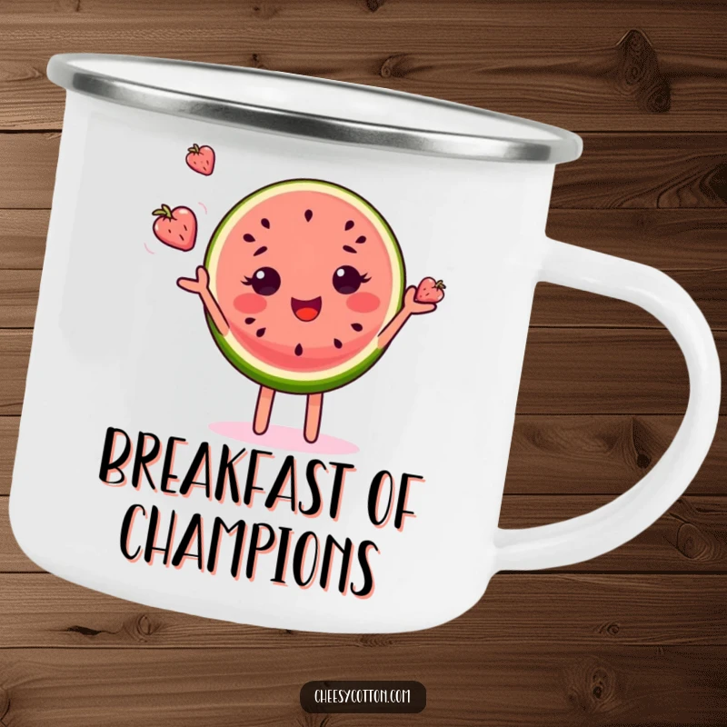 Funny camping mug featuring a delighted watermelon slice character juggling miniature fruits, perfect for outdoor enthusiasts.