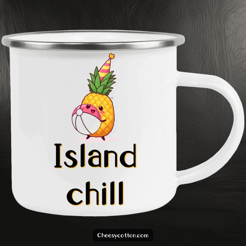Funny kawaii pineapple wearing a party hat joyfully bouncing a beach ball on a rustic camping mug.
