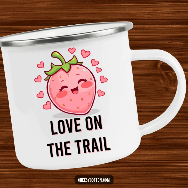 Funny kawaii strawberry giggling and juggling hearts on a durable camping mug, ready for love-filled outdoor breaks.