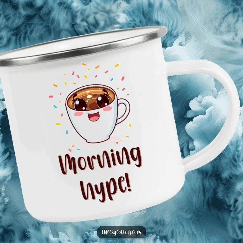 Funny excited kawaii coffee cup cheering with confetti, printed on a durable enamel camping mug for outdoor enjoyment.