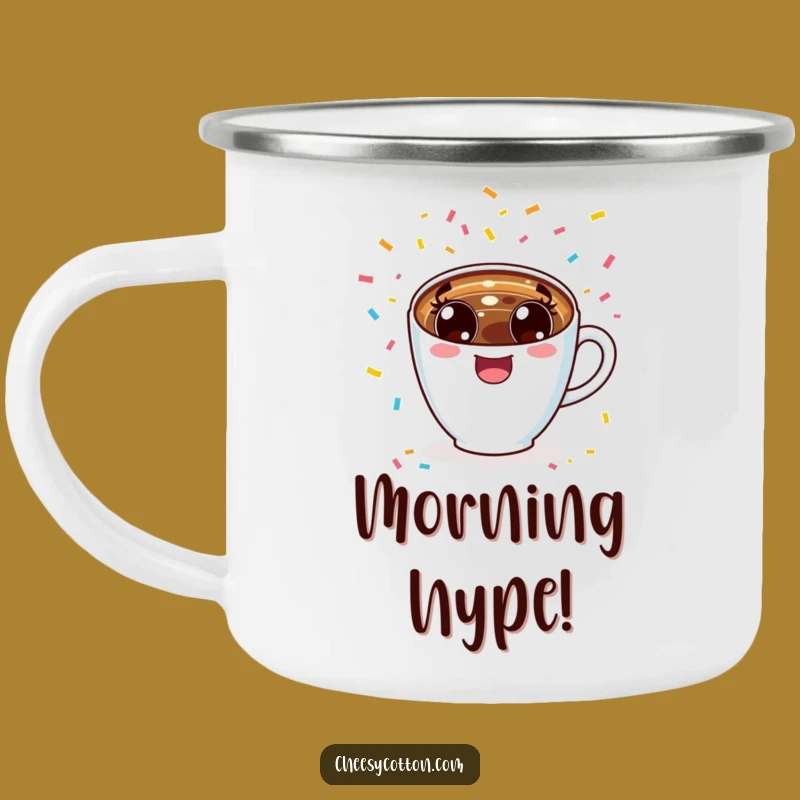 Funny Kawaii Coffee Cup Cheering Enamel Mug: Adventure Ready Cheer, Ideal Funny Gift