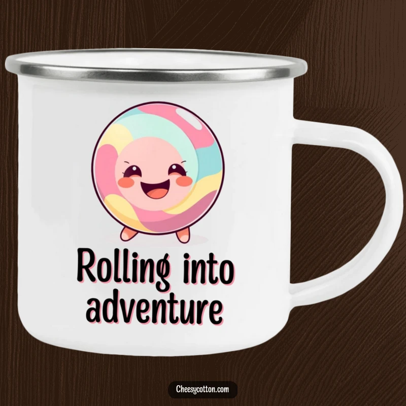 Funny Camping Mug showcasing a happy, round candy character rolling along with a big smile, designed for sweet outdoor enjoyment.