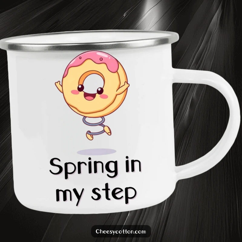 Funny Camping Mug with a cute kawaii donut character bouncing on a spring, ready for outdoor adventures and happy moments.