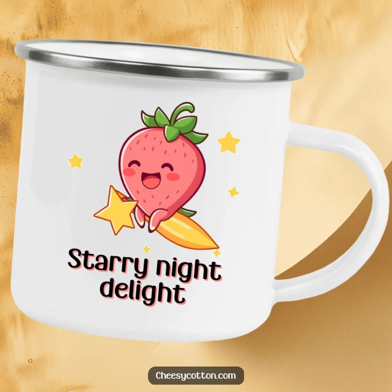 Funny camping mug with a cheerful strawberry character, excitedly riding a shooting star, ready for outdoor cosmic fun.