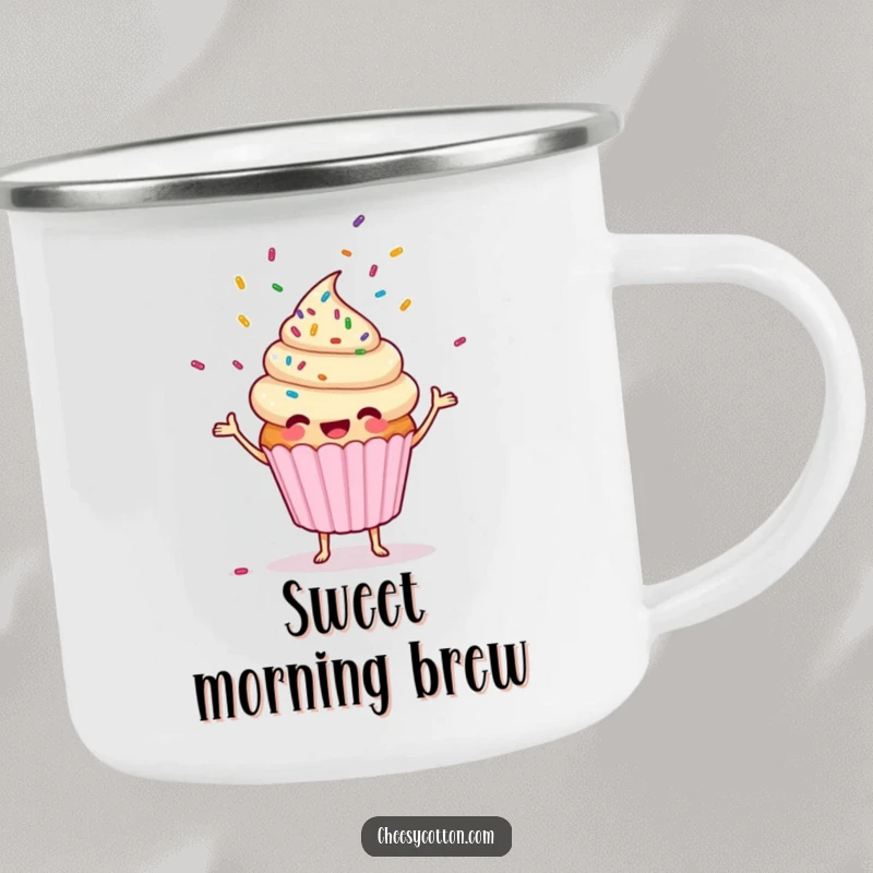 Funny cupcake character juggling sprinkles on a durable enamel camping mug, perfect for outdoor enthusiasts.