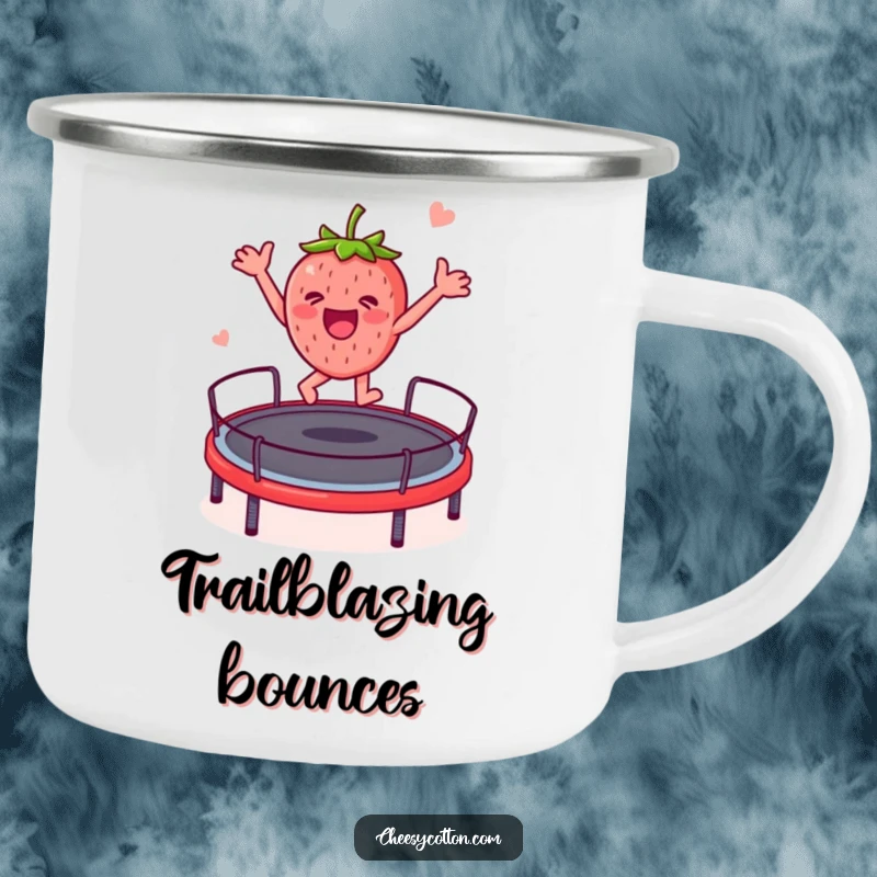Funny strawberry character bouncing on a trampoline, depicted on a sturdy camping mug for outdoor enjoyment.