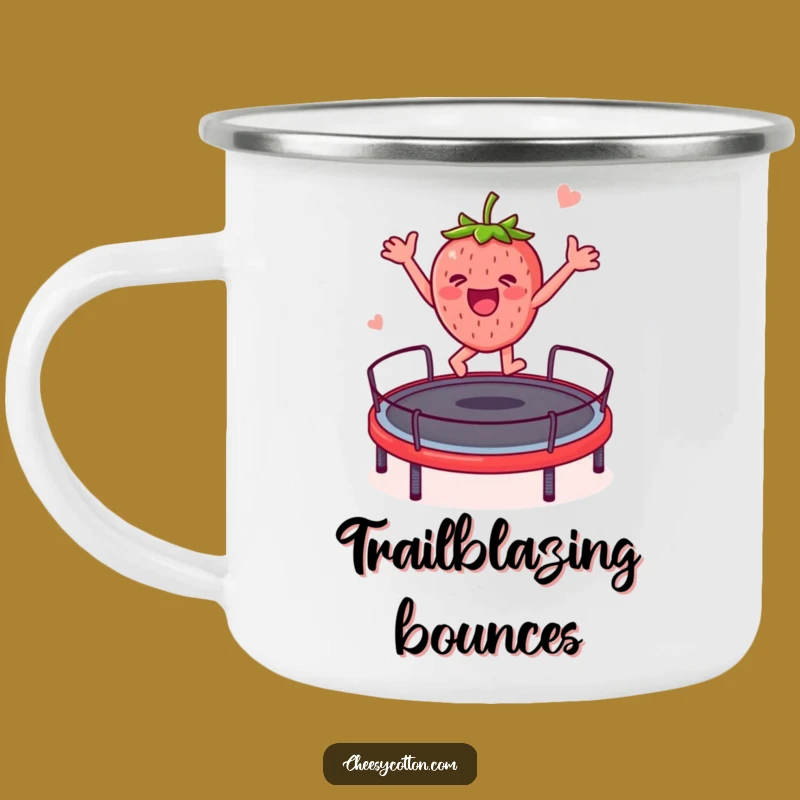 Funny Strawberry Trampoline Camping Mug: Outdoor Adventure with a Hilarious Character