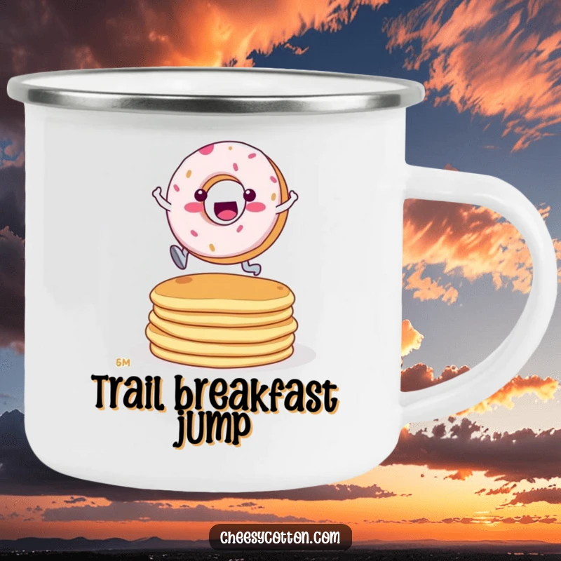 Funny Donut Pancake Leap Camping Mug: A sturdy mug featuring a determined donut character leaping over a stack of pancakes.