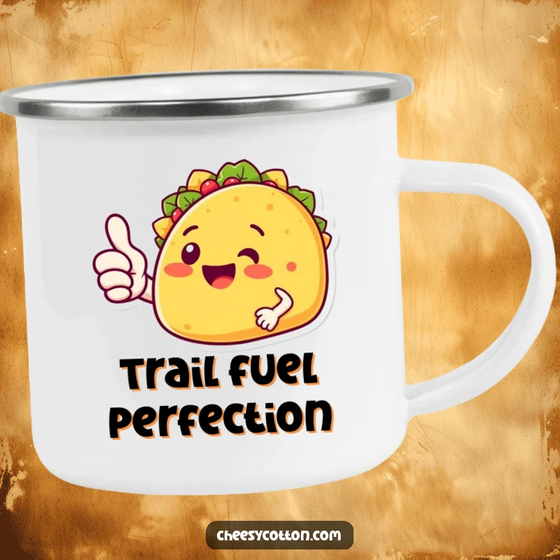 Funny taco character giving a thumbs up, depicted on a sturdy camping mug for outdoor enjoyment.