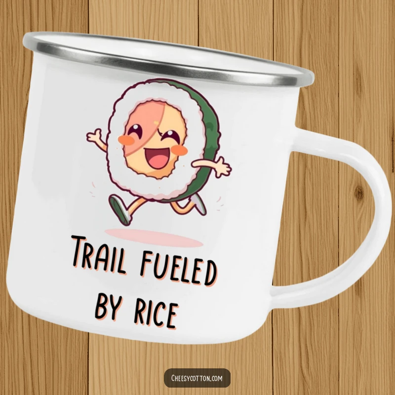 Funny sushi roll character in a high-knee run, depicted on a sturdy enamel camping mug, perfect funny gift.