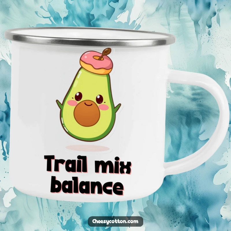 Funny Avocado Donut Camping Mug: A sturdy mug featuring a smiling avocado character balancing a donut on its head.