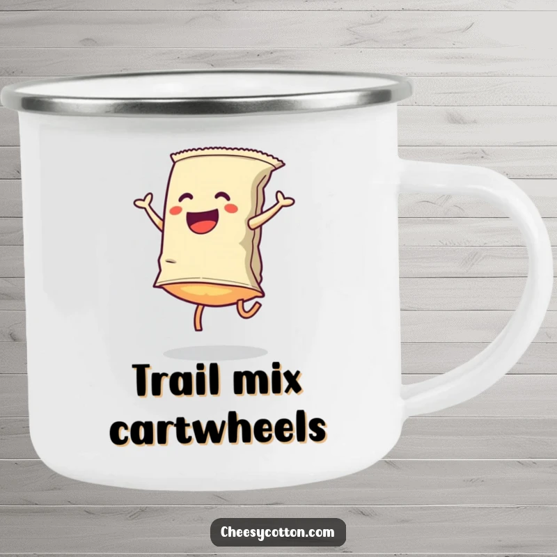 Funny Camping Mug: A chip bag cartwheeling brings energetic joy to outdoor drinks, ideal for adventurous snack lovers.