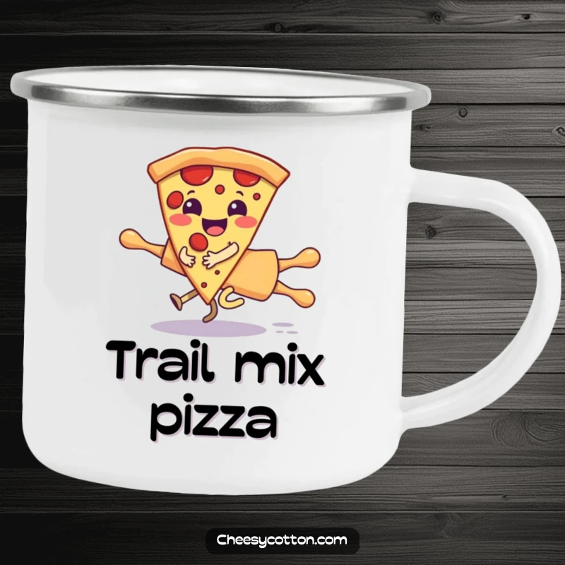 Funny camping mug with a giggling pizza slice character comically riding a runaway rolling pin, built for outdoor fun and humorous enjoyment.