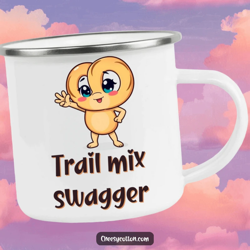 Funny camping mug with a pretzel character striking a confident pose, perfect for bold outdoor trips.