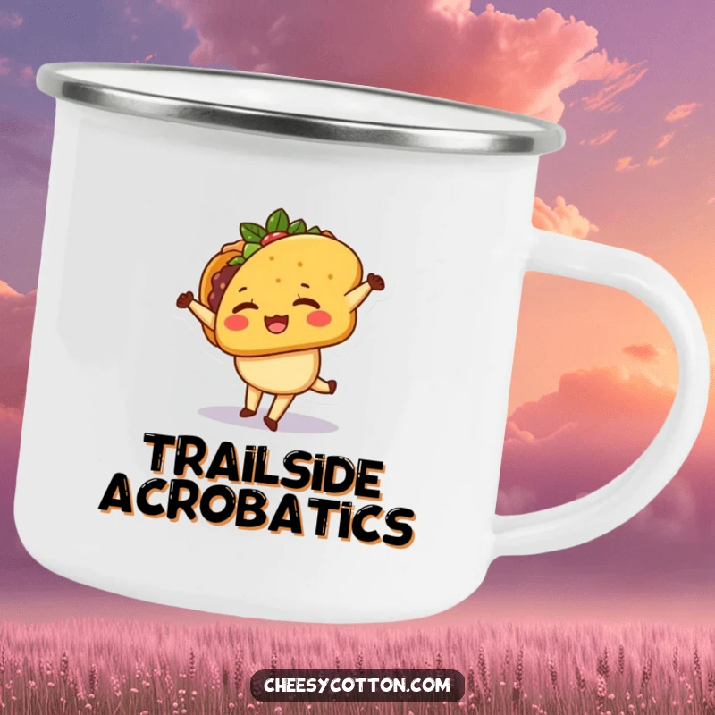 Funny Camping Mug featuring a cute kawaii taco character winking and doing a cartwheel, ready for outdoor fun.