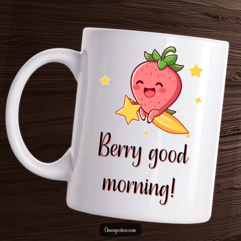 Funny cheerful strawberry character, excitedly riding a shooting star across a starry sky, embodying cosmic joy.