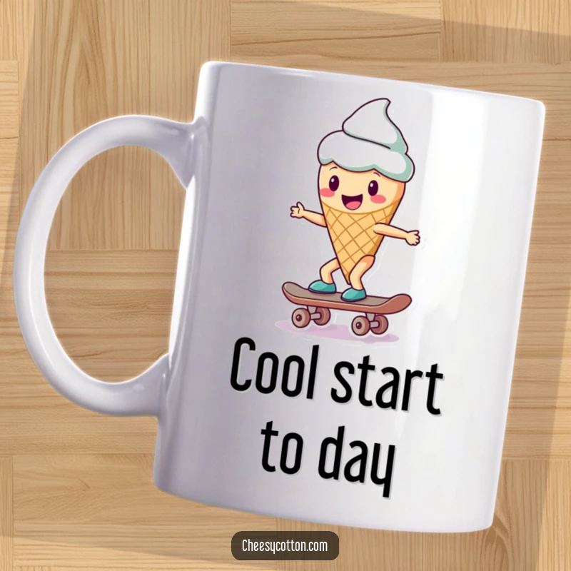 Funny ice cream cone character confidently riding a skateboard, depicted on a mug for a cool and humorous vibe.