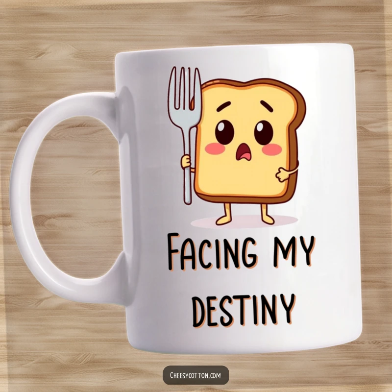 Funny mug featuring a surprised toast character wide-eyed, holding a giant fork, ready for a feast or facing a culinary challenge.