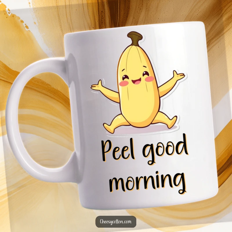 Funny mug featuring a smiling banana character performing a playful split, showcasing flexibility.