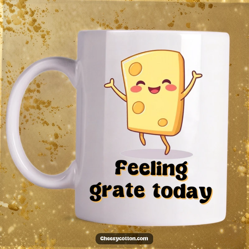 Funny smiling cheese character performing a lively dance, depicted on a mug for maximum cheer.