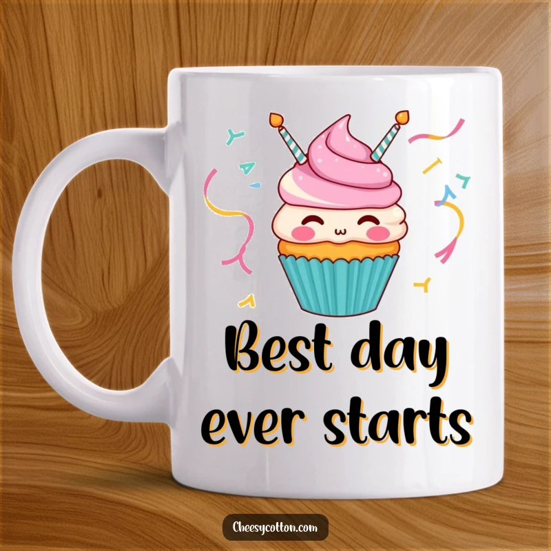 Funny mug featuring a happy cupcake character joyfully blowing colorful party streamers, celebrating a fun occasion.