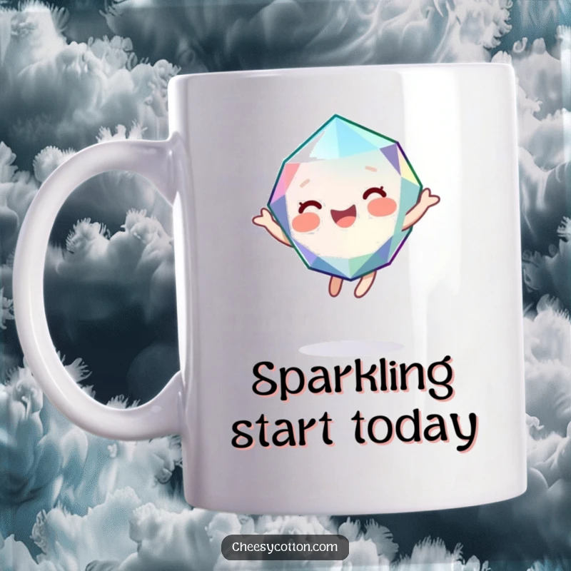 Funny mug showcasing a cute, giggling gemstone character bouncing with pure joy, radiating happiness and sparkle.