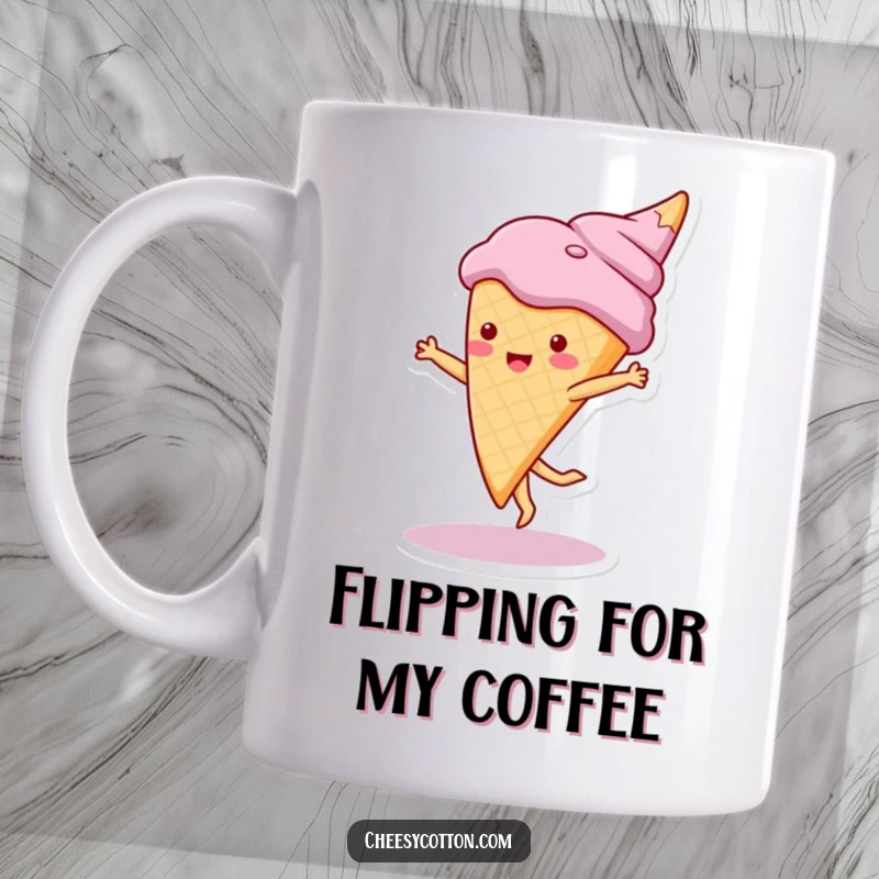 Funny mug featuring a cute ice cream cone character energetically doing a cartwheel, symbolizing joy and sugary fun. A delightful gift.