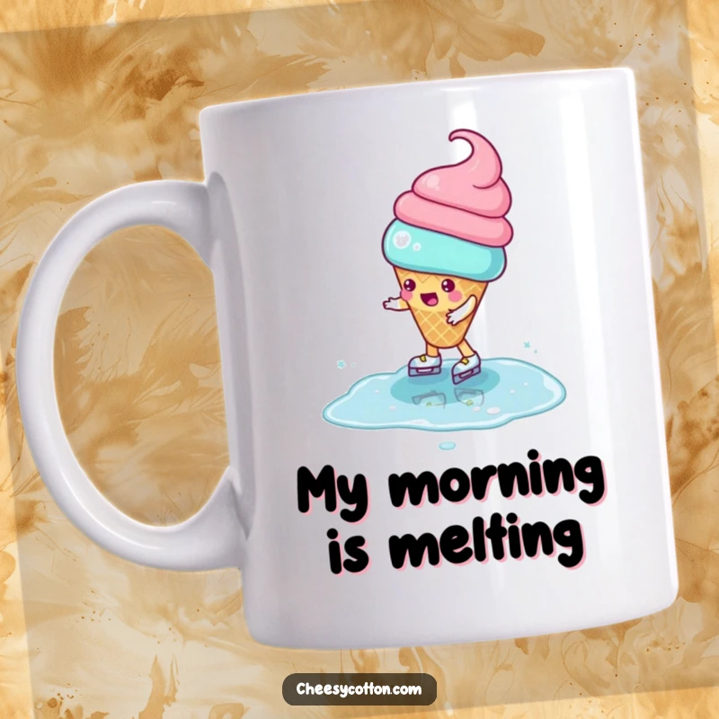 Funny Mug featuring a playful ice cream cone character comically attempting to ice skate on a puddle, showing joyful struggle.