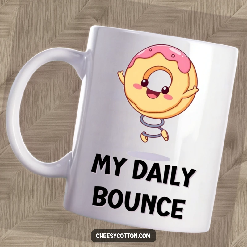 Funny Mug featuring a smiling kawaii donut character joyfully bouncing on a spring, radiating pure happiness.