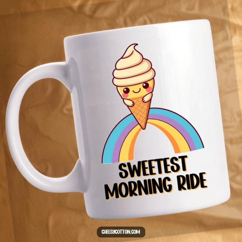 Funny Kawaii Ice Cream Mug: A joyful kawaii ice cream cone character happily sliding down a vibrant rainbow, bringing sweet cheer.
