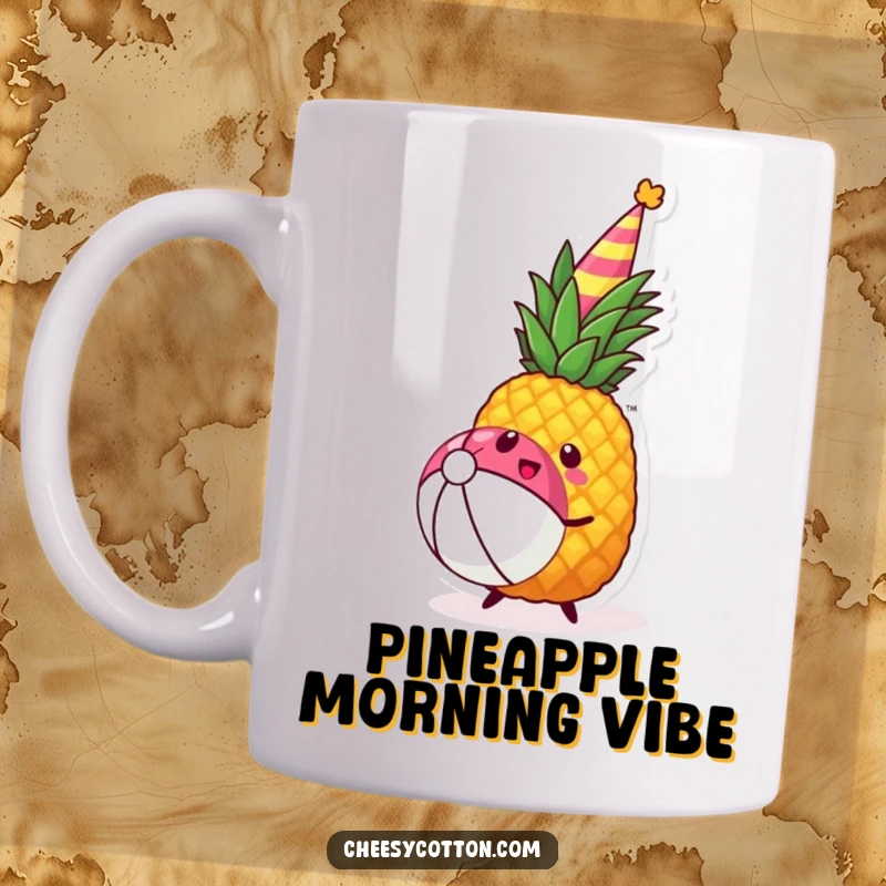 Funny kawaii pineapple wearing a party hat joyfully bouncing a beach ball on a mug, radiating tropical fun.