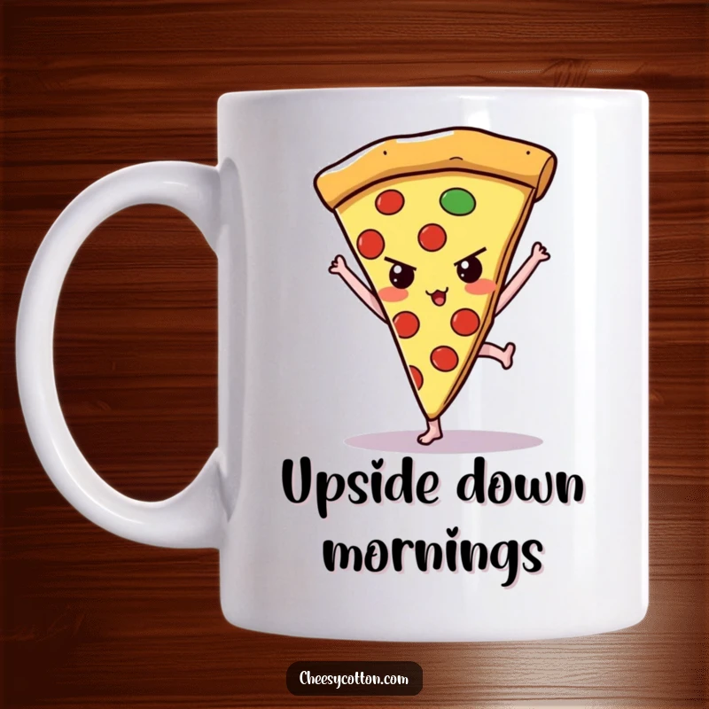 Funny kawaii pizza slice with a determined look trying to do a handstand, perfect for a motivational and humorous kickstart.