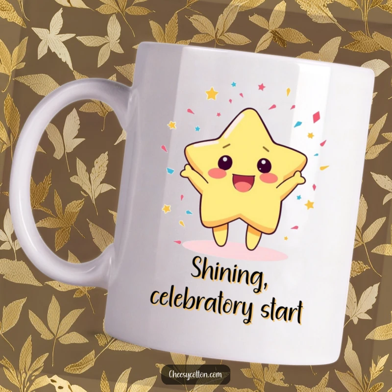 Funny Mug featuring a cute kawaii star character gleefully throwing colorful confetti, radiating pure celebratory joy.