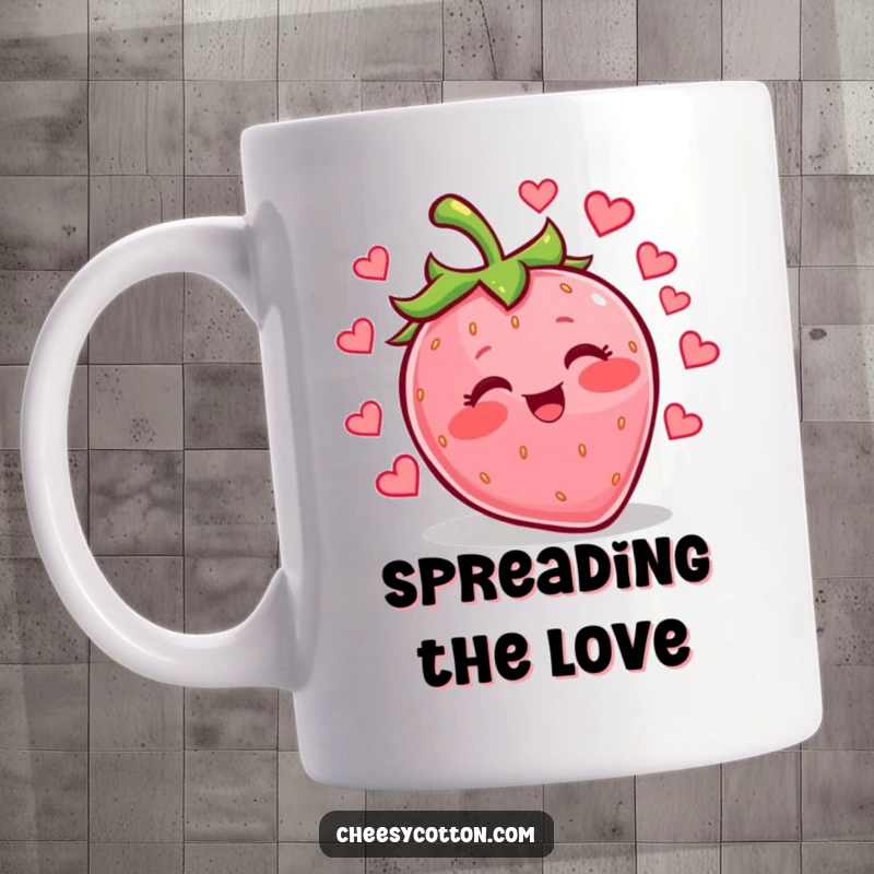 Funny kawaii strawberry with rosy cheeks giggling and juggling tiny hearts, perfect for a heartwarming coffee or tea.
