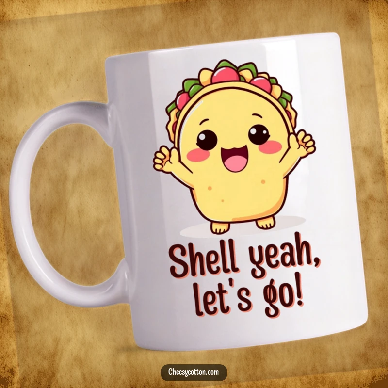 Funny Mug featuring a cute kawaii taco character enthusiastically cheering with both hands up, radiating happiness and a love for tacos.