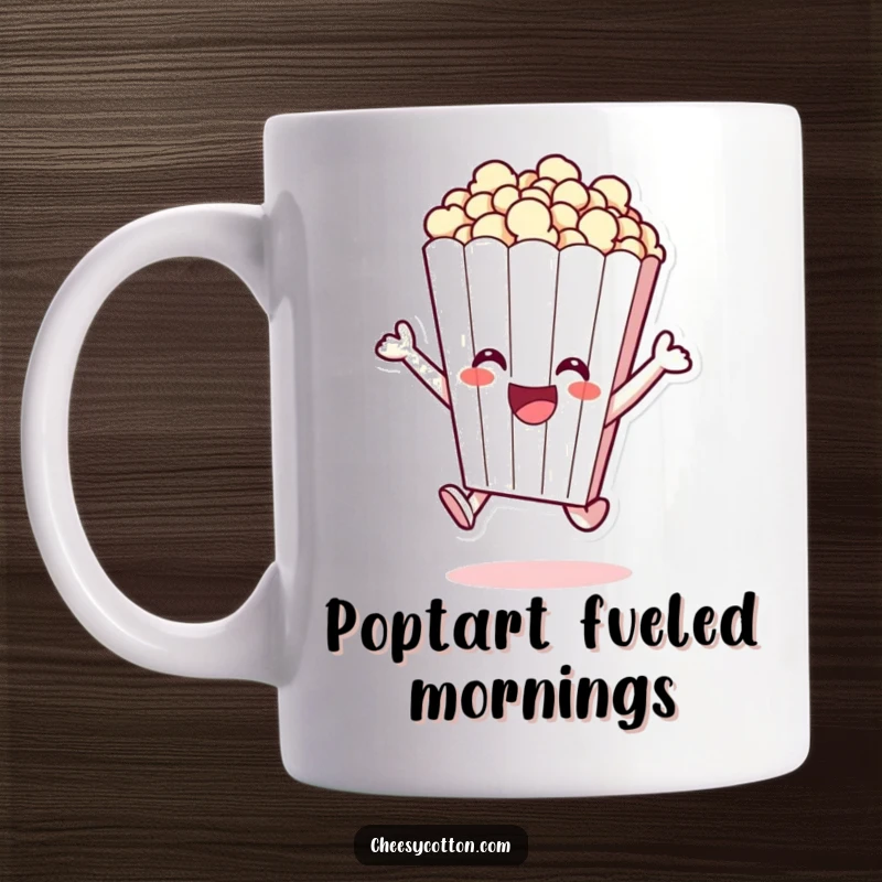Funny mug featuring a cheerful popcorn bag character joyfully leaping with excitement.