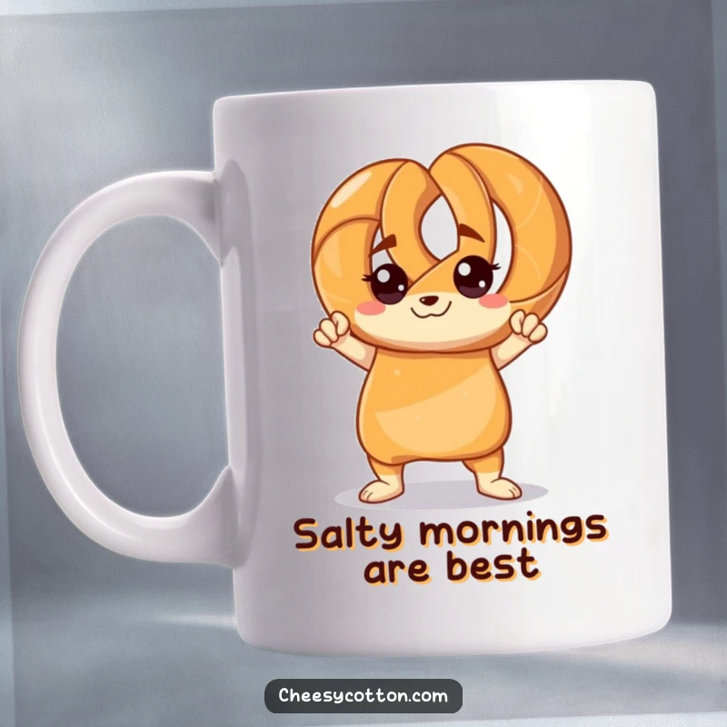 Funny mug featuring a pretzel character striking a bold, confident pose with a proud expression, ready to conquer the day.