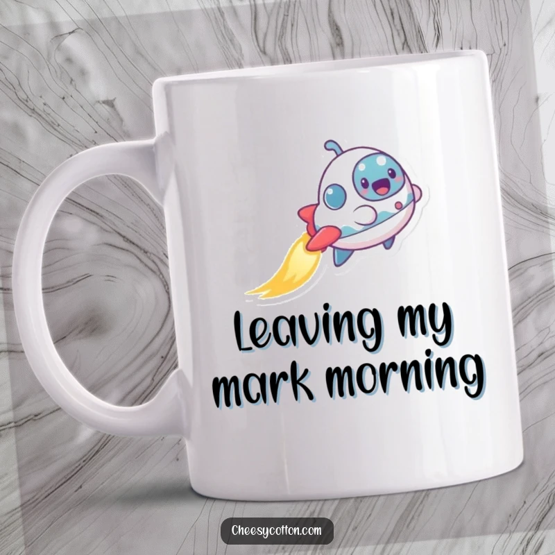 Funny mug with a tiny, excited spaceship character soaring through space, leaving a shimmering, magical trail, perfect for space fans.