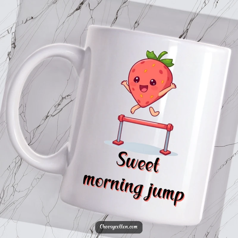 Funny mug featuring a kawaii strawberry character leaping joyfully over a small hurdle with a determined smile.