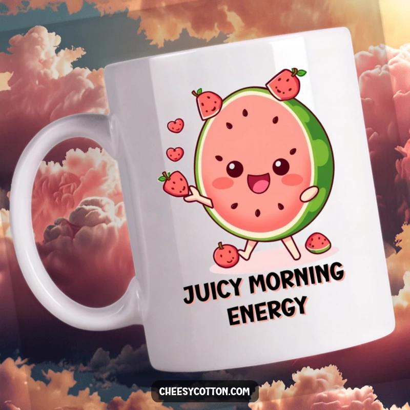 Funny mug featuring a delighted watermelon slice character skillfully juggling tiny assorted fruits.