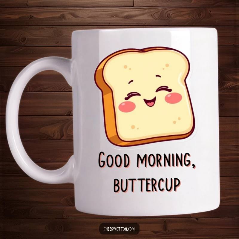 Funny Toast Mug: A smiling, anthropomorphic piece of toast character gives a playful wink, symbolizing warmth and humor for your morning beverage.