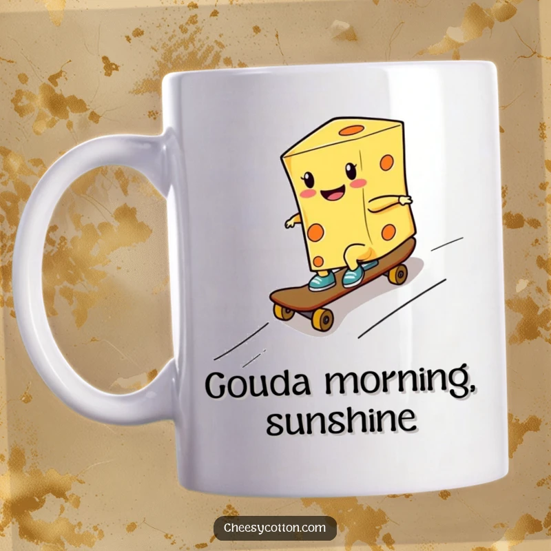 Funny mug featuring a smiling cheese character expertly riding a skateboard down a ramp, showcasing extreme shredding skills.