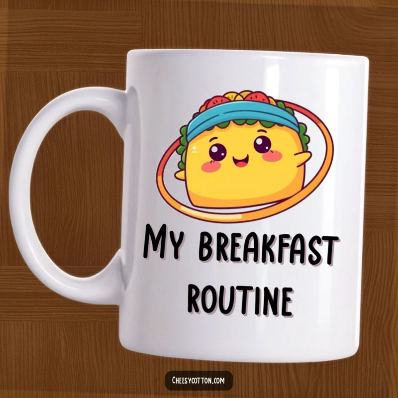 Funny, happy kawaii taco playfully spinning a hula hoop around itself, depicted on a vibrant mug.