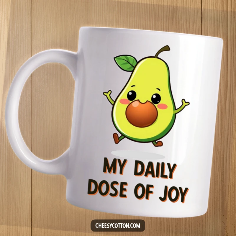 Funny Kawaii Avocado Mug: A cheerful, grinning avocado in a playful hop, spreading joy with its adorable food art.