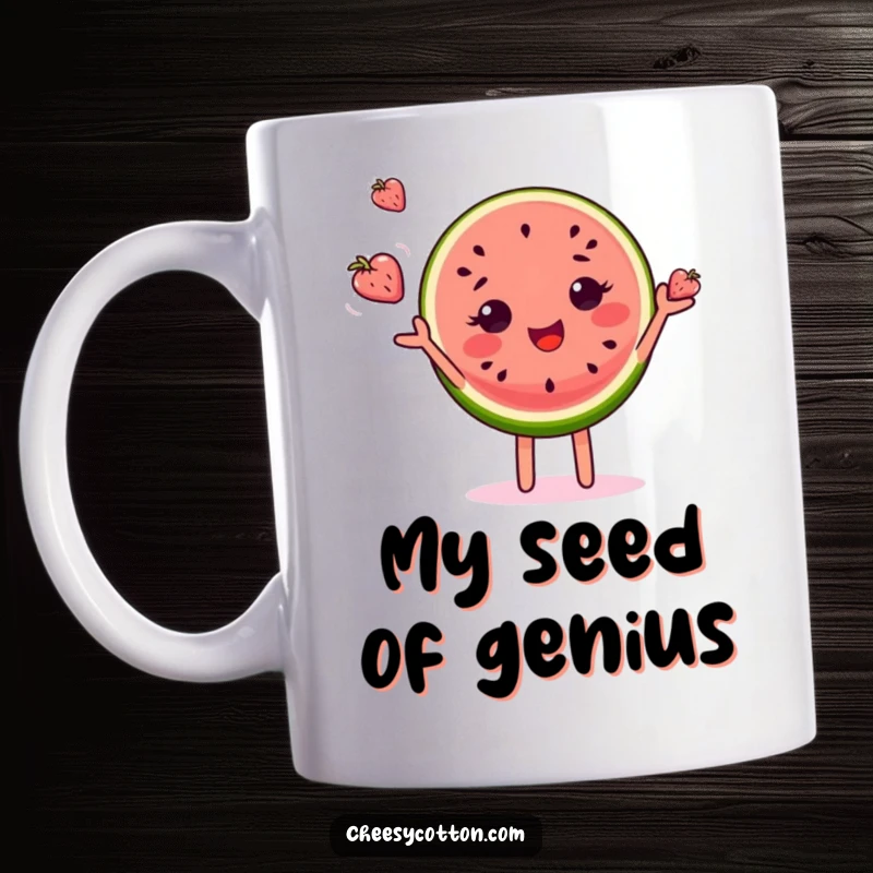 Funny mug featuring a delighted watermelon slice character joyfully juggling miniature fruits, exuding pure, lighthearted fun.