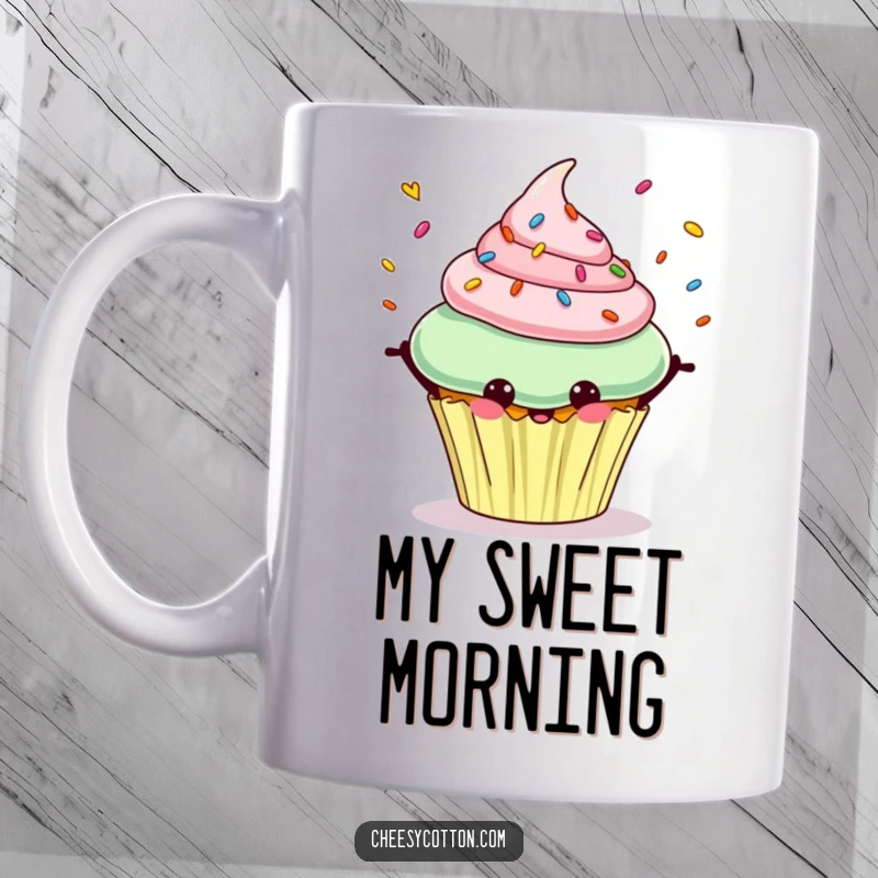 Funny mug featuring a cheerful cupcake character happily juggling a cascade of colorful sprinkles.