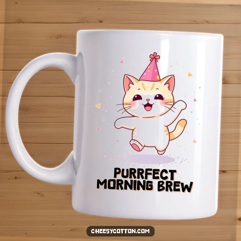 Funny Kawaii cat wearing a party hat, joyfully leaping through a vibrant shower of glitter, embodying cute celebration.